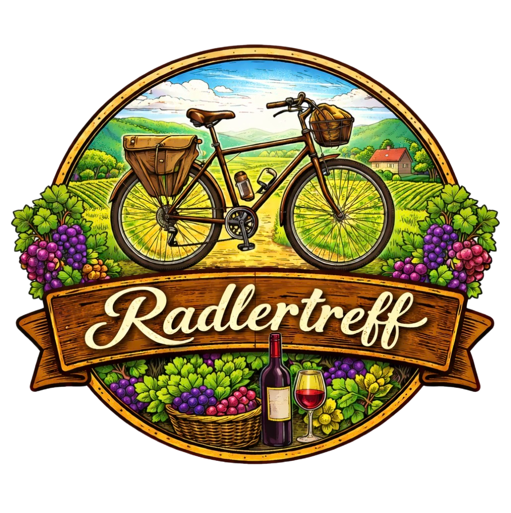 Rundes Logo mit einem Fahrrad vor Weinbergen, umgeben von Trauben, Reben, einem Weinkorb und einer Flasche Rotwein. Auf einem Holzschild steht der Schriftzug „Radlertreff“