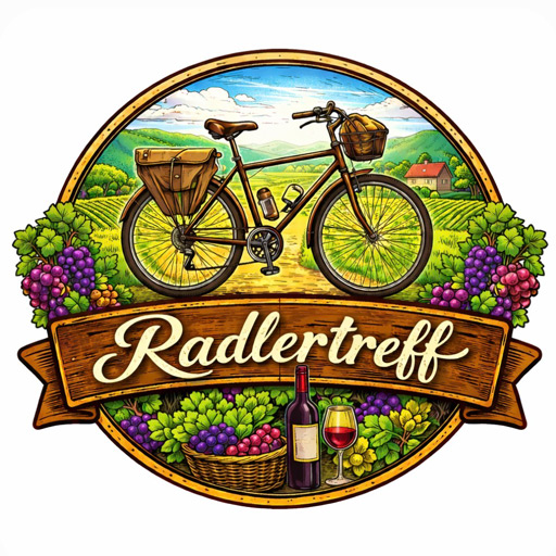 Rundes Logo mit einem Fahrrad vor Weinbergen, umgeben von Trauben, Reben, einem Weinkorb und einer Flasche Rotwein. Auf einem Holzschild steht der Schriftzug „Radlertreff“